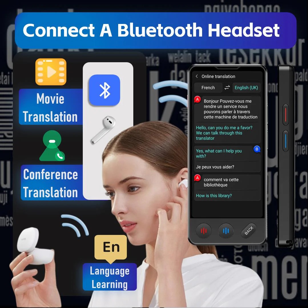 tradutor eletrônico de voz com conexão de fones de ouvido bluetooth